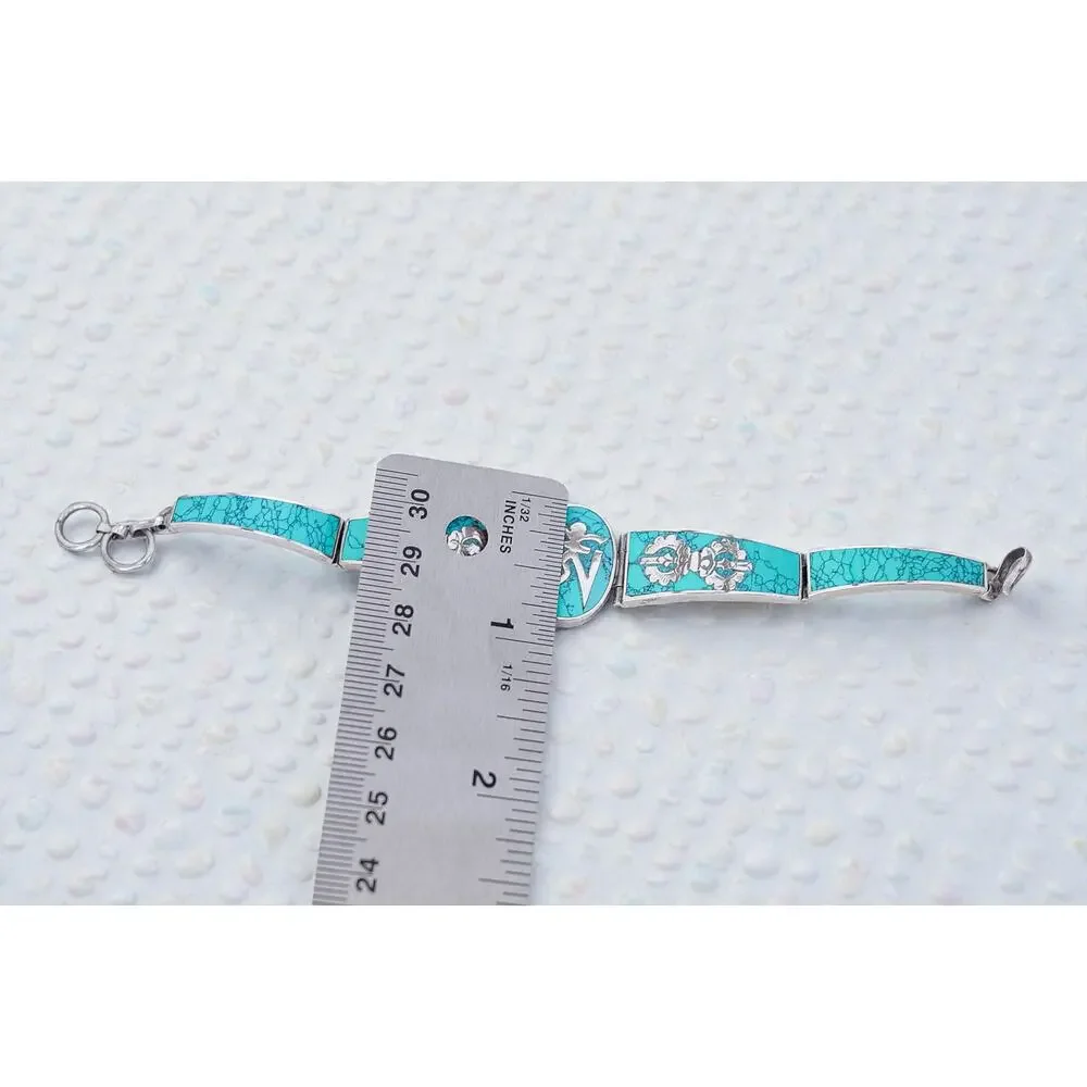 Vintage 925 Sterling Silver Tibetan Om Turquoise Inlay Bracelet 6.5 Inch 24g
